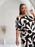 Lori Print Black and White Matching Plus Size Pants Set With Pockets by Fasheabe