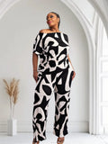 Lori Print Black and White Matching Plus Size Pants Set With Pockets by Fasheabe