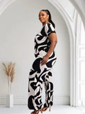 Lori Print Black and White Matching Plus Size Pants Set With Pockets by Fasheabe