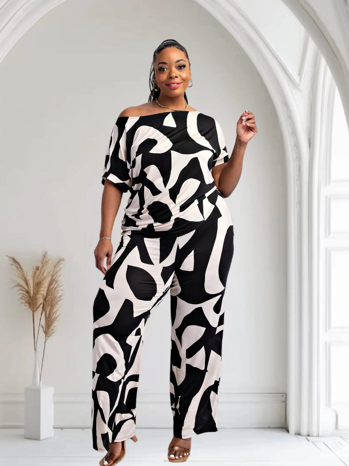 Lori Print Black and White Matching Plus Size Pants Set With Pockets by Fasheabe