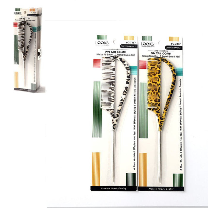 LQQKS Metal Pin Tail Comb Curved Handle Animal Print Rat Tail Hair Comb