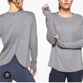 Athleta Gray Long Sleeve Workout Top with open Overlay Back Thumb Holes Size L by Vanessa Jane