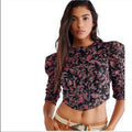 Free People Corset Style Puff Sleeve Floral Open Back Top, Black, Size Large by Vanessa Jane