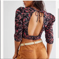 Free People Corset Style Puff Sleeve Floral Open Back Top, Black, Size Large by Vanessa Jane