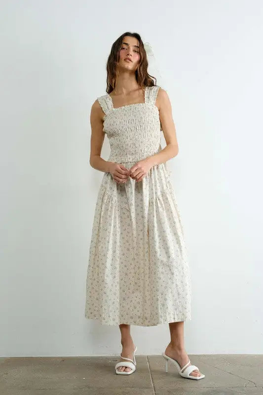 Margot Retro Bow Tie Back Smocked Midi Dress by Boutique 23
