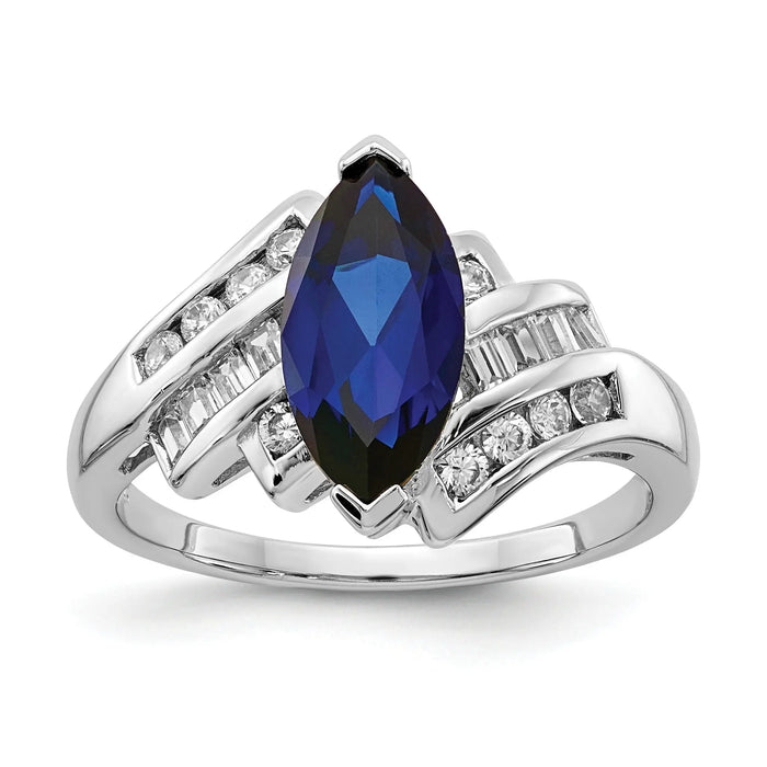 Marquise Blue Lab Created Sapphire Prong Sterling Silver Bypass Statement Ring by Fine Color Jewels