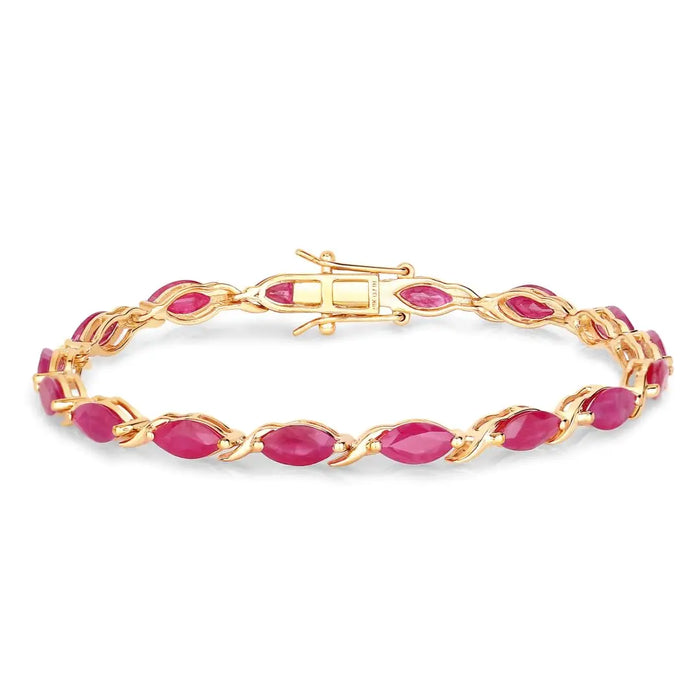 Marquise Pink Ruby Prong 10K Yellow Gold Tennis Bracelet by Fine Color Jewels