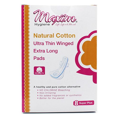 Maxim Natural Cotton Extra Long Pads Ultra Thin with Wings 12 Packs of 8 by Pasteur Pharmacy