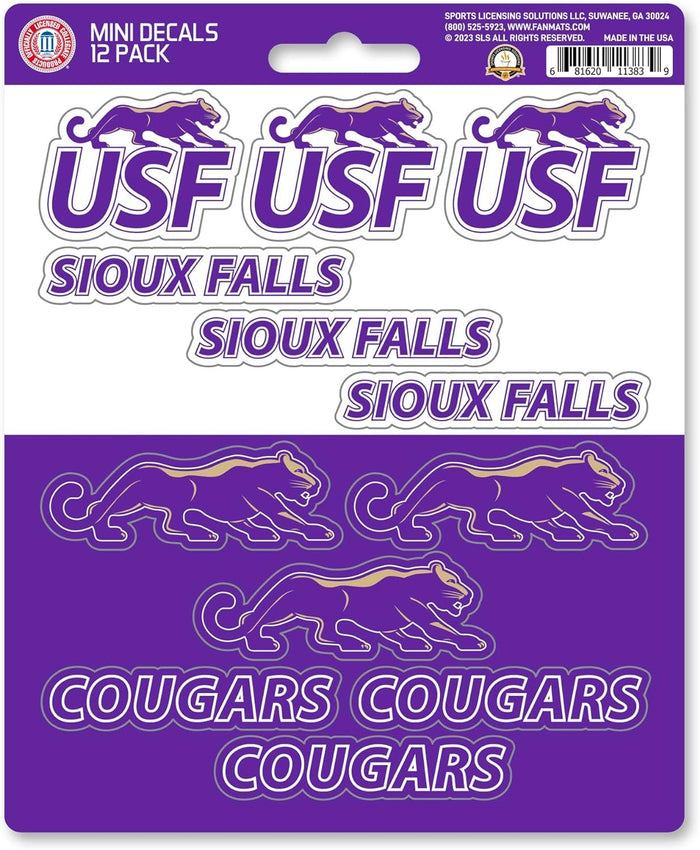 University of Sioux Falls Cougars 12-Piece Mini Decal Sticker Set, 5x6 Inch Sheet, Gift for football fans for any hard surfaces around home, automotive, personal items by Fielders Choice