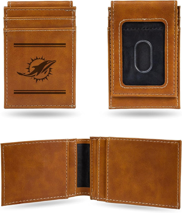 Miami Dolphins Premium Brown Leather Wallet, Front Pocket Magnetic Money Clip, Laser Engraved, Vegan