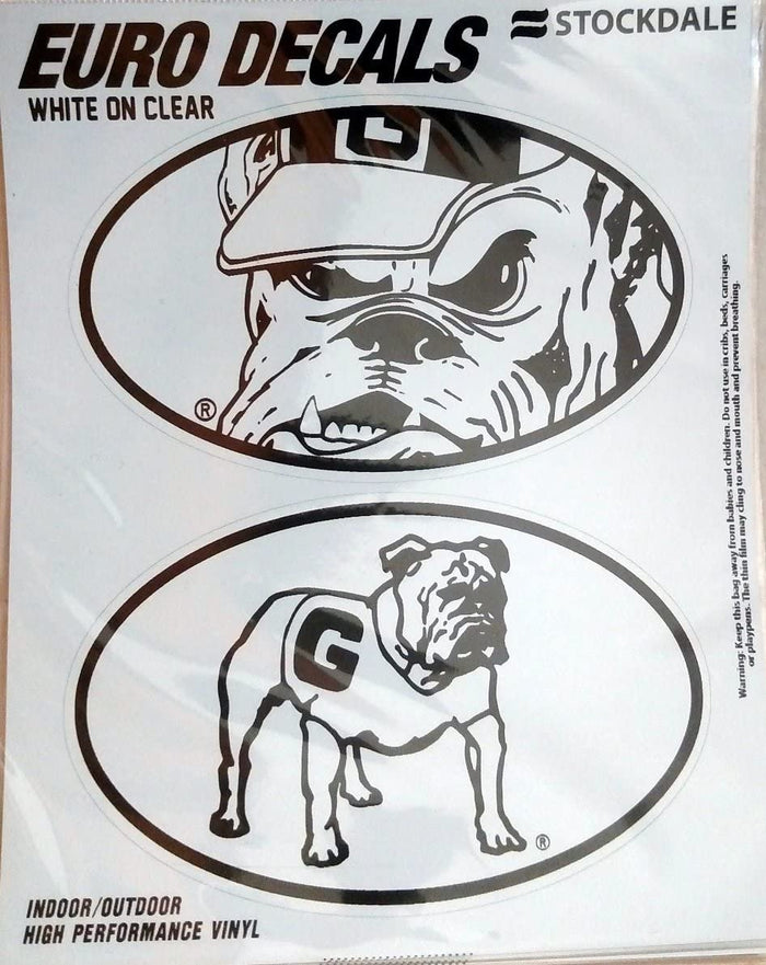 University of Georgia Bulldogs 2-Piece White and Clear Euro Decal Sticker Set, 4x2.5 Inch Each