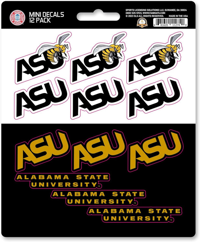 Alabama State University Hornets 12-Piece Mini Decal Sticker Set, 5x6 Inch Sheet, Gift for football fans for any hard surfaces around home, automotive, personal items by Fielders Choice
