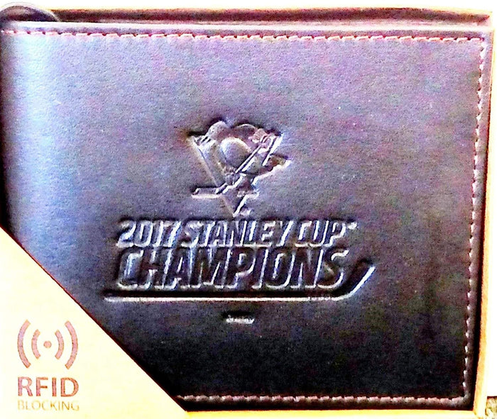Pittsburgh Penguins 2017 Champions RFID Protection Premium Brown Leather Wallet, Bifold Billfold, Embossed Laser Engraved