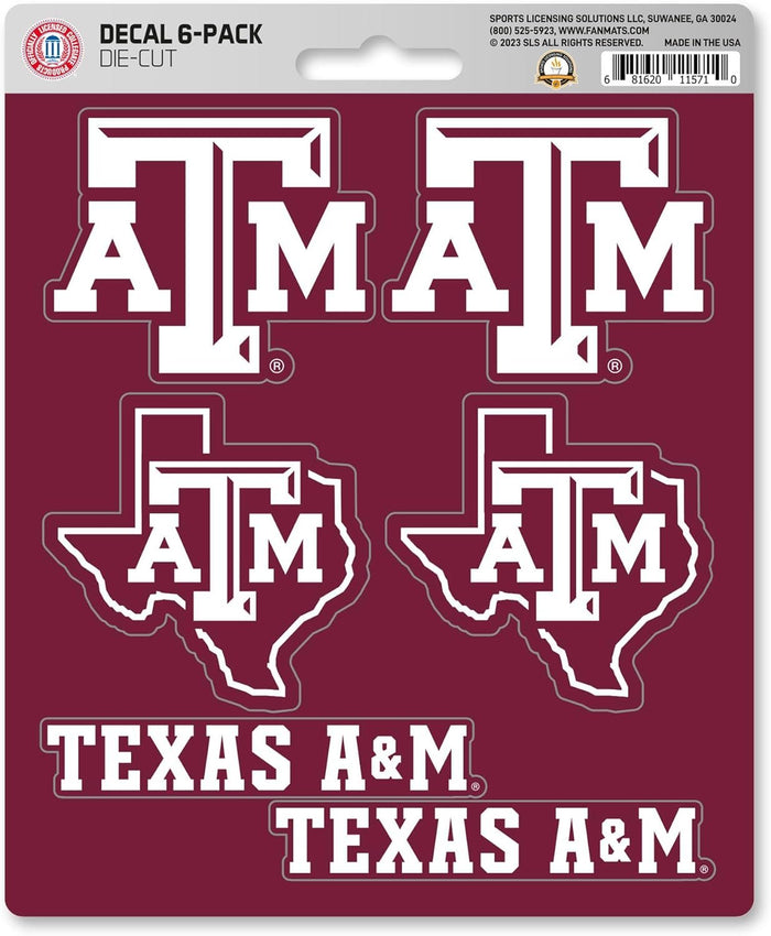 Texas A&M University Aggies 6-Piece Decal Sticker Set, 5x6 Inch Sheet, Gift for football fans for any hard surfaces around home, automotive, personal items by Fielders Choice