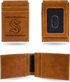 Seattle Kraken Premium Brown Leather Wallet, Front Pocket Magnetic Money Clip, Laser Engraved, Vegan