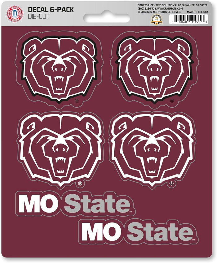 Missouri State University Bears 6-Piece Decal Sticker Set, 5x6 Inch Sheet, Gift for football fans for any hard surfaces around home, automotive, personal items by Fielders Choice