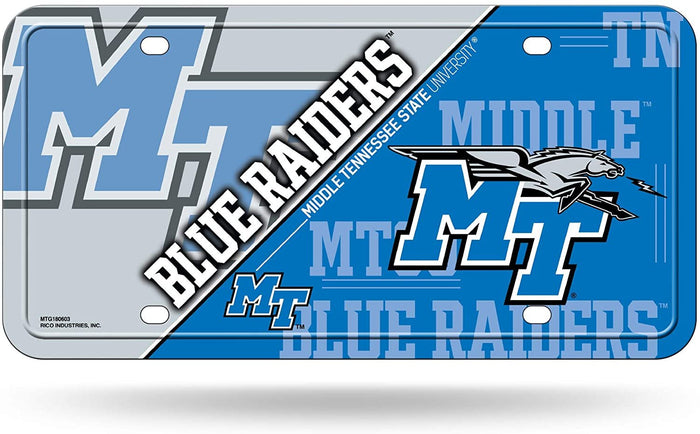 Middle Tennessee State University Blue Raiders Metal Auto Tag License Plate, Split Design, 6x12 Inch