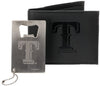 Texas Rangers Black Vegan Leather Bifold Wallet and Bottle Opener Keychain Gift Set