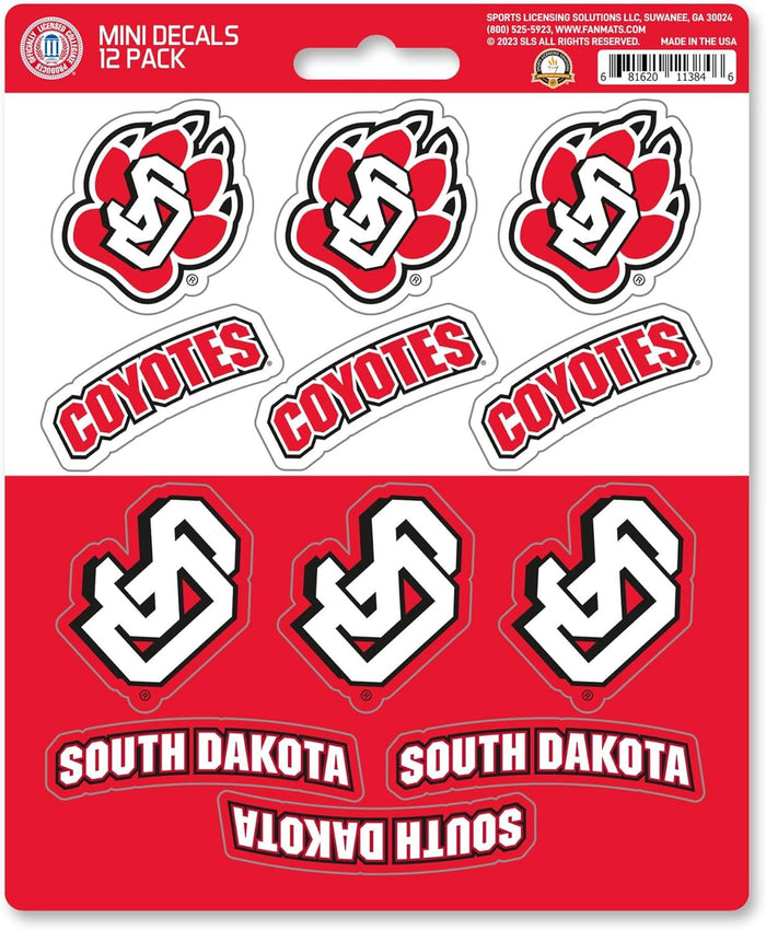 University of South Dakota Coyotes 12-Piece Mini Decal Sticker Set, 5x6 Inch Sheet, Gift for football fans for any hard surfaces around home, automotive, personal items by Fielders Choice