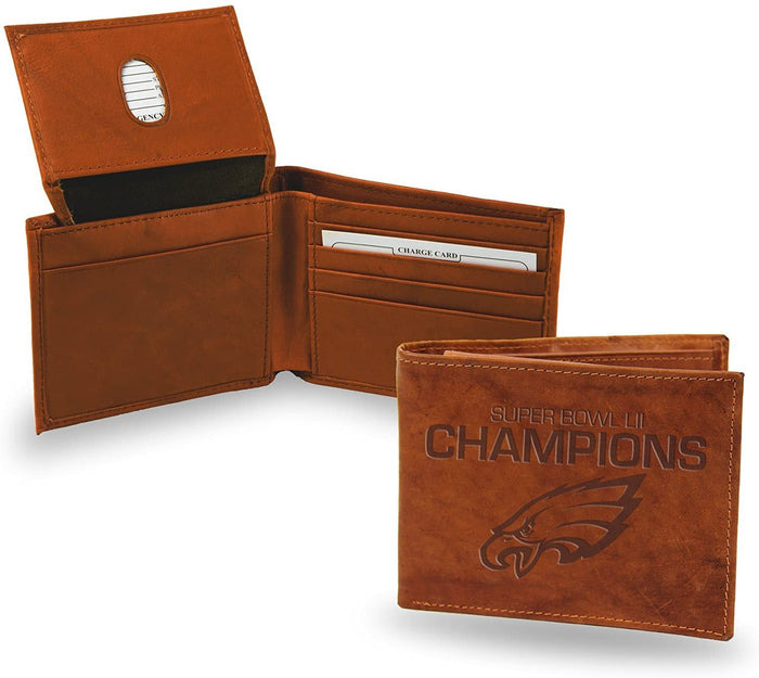 Philadelphia Eagles Super Bowl Champions Premium Brown Leather Wallet, Bifold Billfold, Embossed Laser Engraved