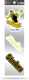 Pittsburgh Steelers 3-Piece Retro Decal Sticker Sheet, Die Cut, Clear Backing, 3x12 Inch