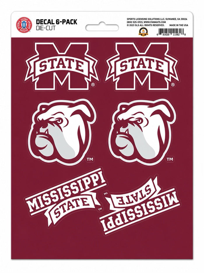 Mississippi State University Bulldogs 6-Piece Decal Sticker Set, 5x6 Inch Sheet, Gift for football fans for any hard surfaces around home, automotive, personal items by Fielders Choice