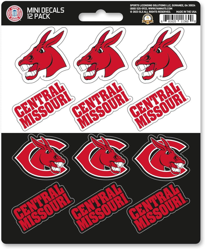 University of Central Missouri Mules 12-Piece Mini Decal Sticker Set, 5x6 Inch Sheet, Gift for football fans for any hard surfaces around home, automotive, personal items by Fielders Choice