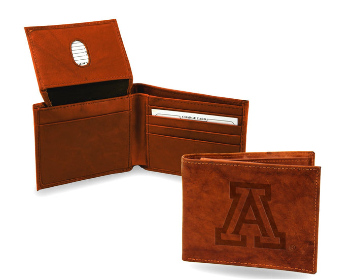 University of Arizona Wildcats Premium Brown Leather Wallet, Bifold Billfold, Embossed Laser Engraved, Officially Licensed, Made in the USA