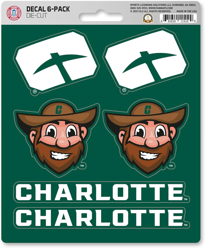 University of North Carolina UNC Charlotte 49ers 6-Piece Decal Sticker Set, 5x6 Inch Sheet, Gift for football fans for any hard surfaces around home, automotive, personal items by Fielders Choice