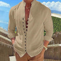Men's Linen Button Up Shirt Long Sleeve Plain Band Collar by DailySale