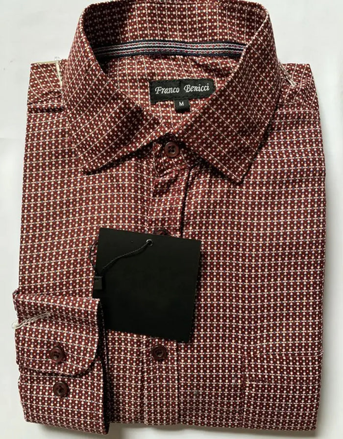 Men's Long Sleeve Dotted Dress Shirt - Burgundy by Boutique 23