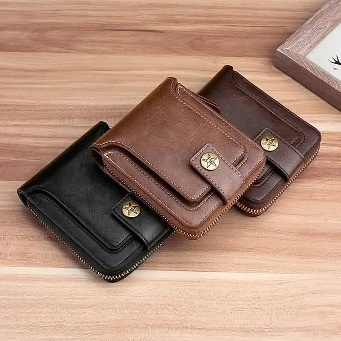 Men's PU Leather Solid Color Business Wallet, Card Holder With Zipper & Button by DailySale