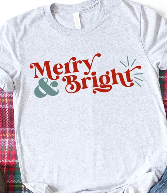 Merry and Bright Christmas Graphic Tee - Athletic Heather by Boutique 23