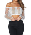 See Thru Lace Off the Shoulder Cropped Top - White