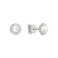 Mini Pearl and Diamond Halo Stud Earrings 10k Gold by Fine Color Jewels