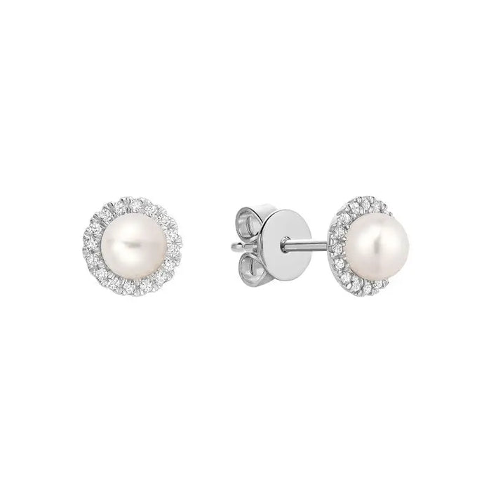 Mini Pearl and Diamond Halo Stud Earrings 10k Gold by Fine Color Jewels