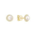 Mini Pearl and Diamond Halo Stud Earrings 10k Gold by Fine Color Jewels