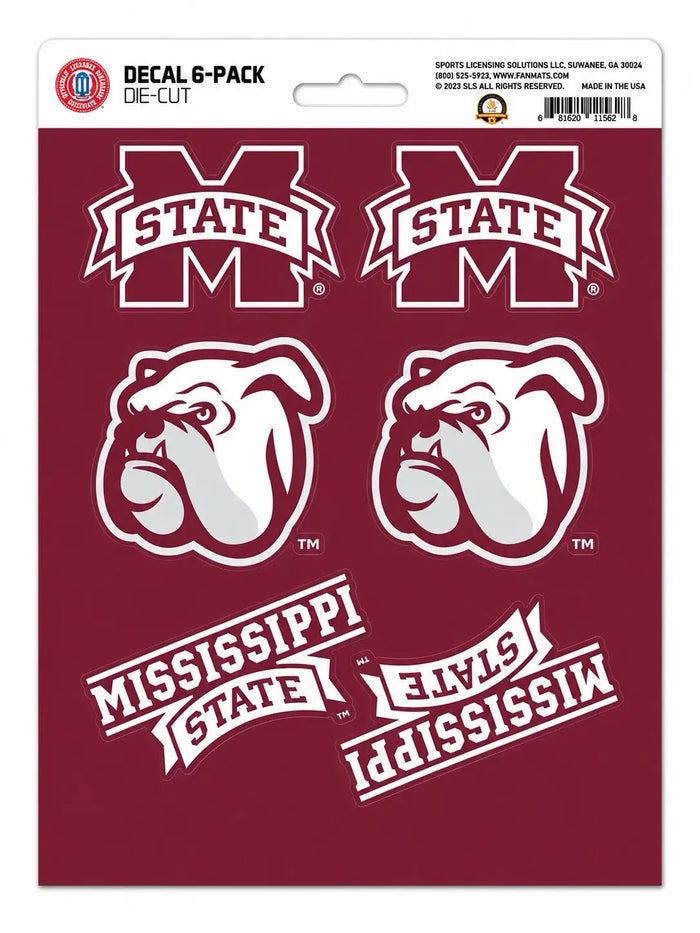 Mississippi State University Bulldogs 6-Piece Decal Sticker Set, 5x6 Inch Sheet, Gift for football fans for any hard surfaces around home, automotive, personal items by Fielders Choice