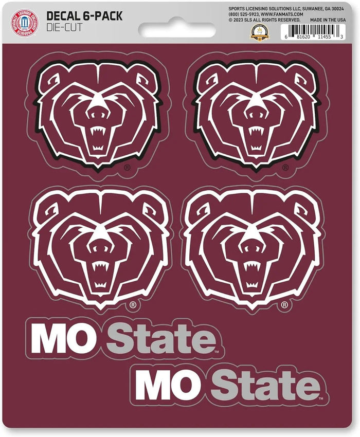 Missouri State University Bears 6-Piece Decal Sticker Set, 5x6 Inch Sheet, Gift for football fans for any hard surfaces around home, automotive, personal items by Fielders Choice