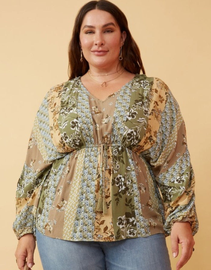 Curvy Mixed Print Block Dolman Peplum Top - Olive by Boutique 23