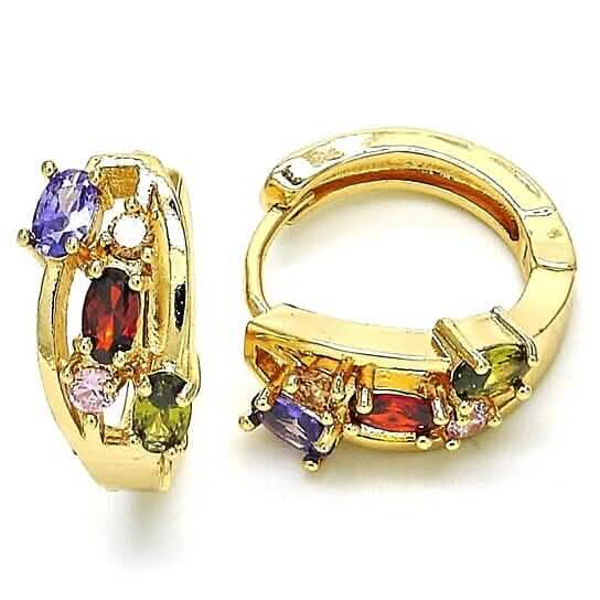 Multi Color Halo Huggie Oval Stones Earrings In Yellow Gold Filled High Polish Finish by DailySale