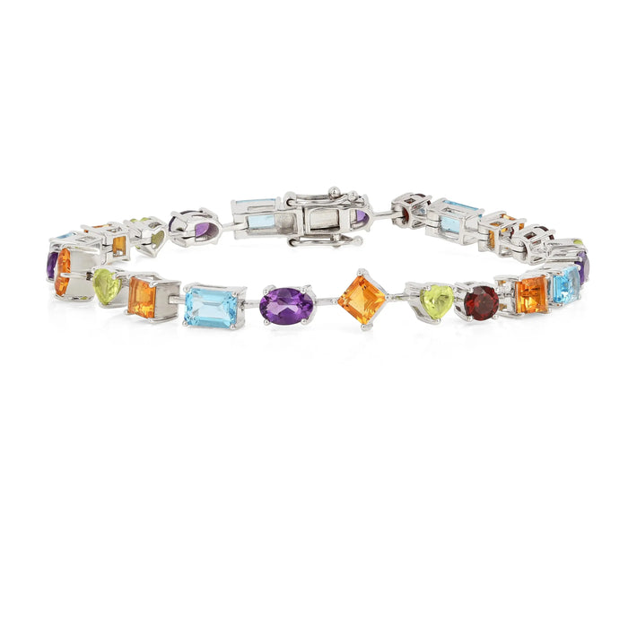 Multi-Shape Multicolor Gemstones Prong Sterling Silver Tennis Bracelet by Fine Color Jewels
