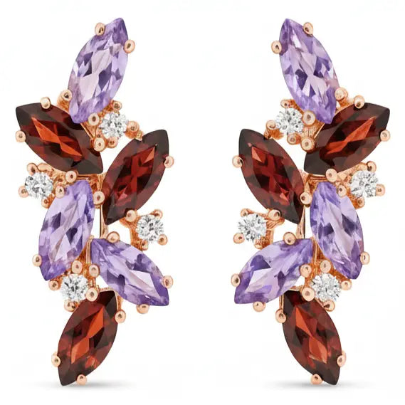 Natural Amethyst and Garnet Silver Cluster Earrings by Fine Color Jewels