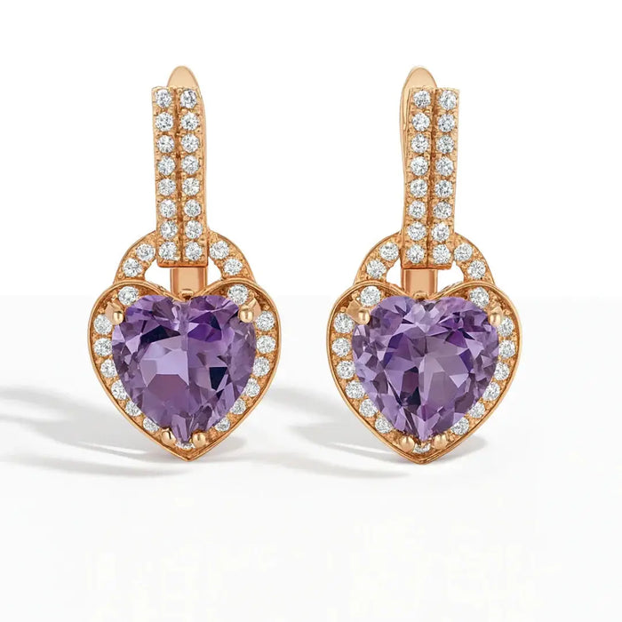 Natural Amethyst Heart Leverback Silver Drop Earrings by Fine Color Jewels