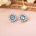 Natural Blue Topaz Halo Stud Earrings by Fine Color Jewels
