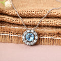 Natural Blue Topaz Round Halo Pendant Necklace by Fine Color Jewels