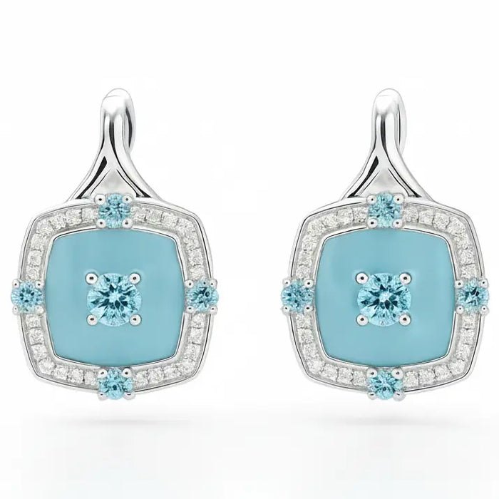 Natural Blue Topaz Sterling Silver Halo Earrings by Fine Color Jewels