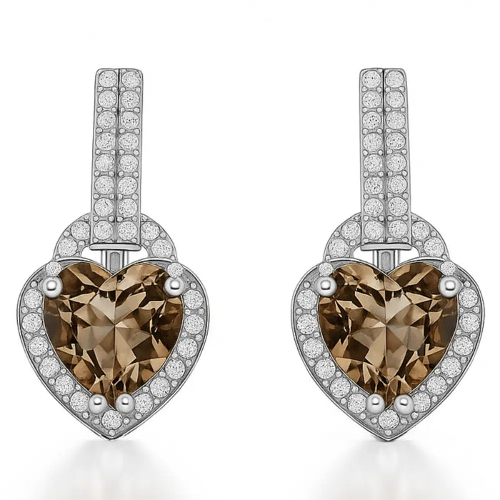 Natural Brown Quartz Heart Sterling Silver Earrings by Fine Color Jewels