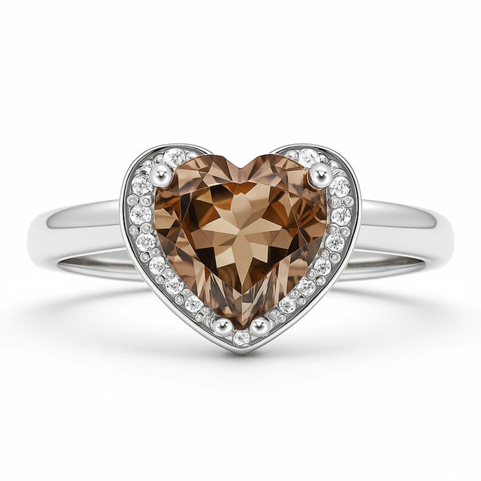 Natural Brown Quartz Sterling Silver Heart Halo Ring by Fine Color Jewels