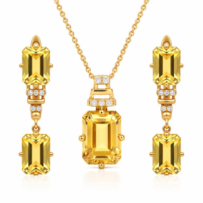 Natural Citrine Octagon Silver Drop Jewelry Set by Fine Color Jewels